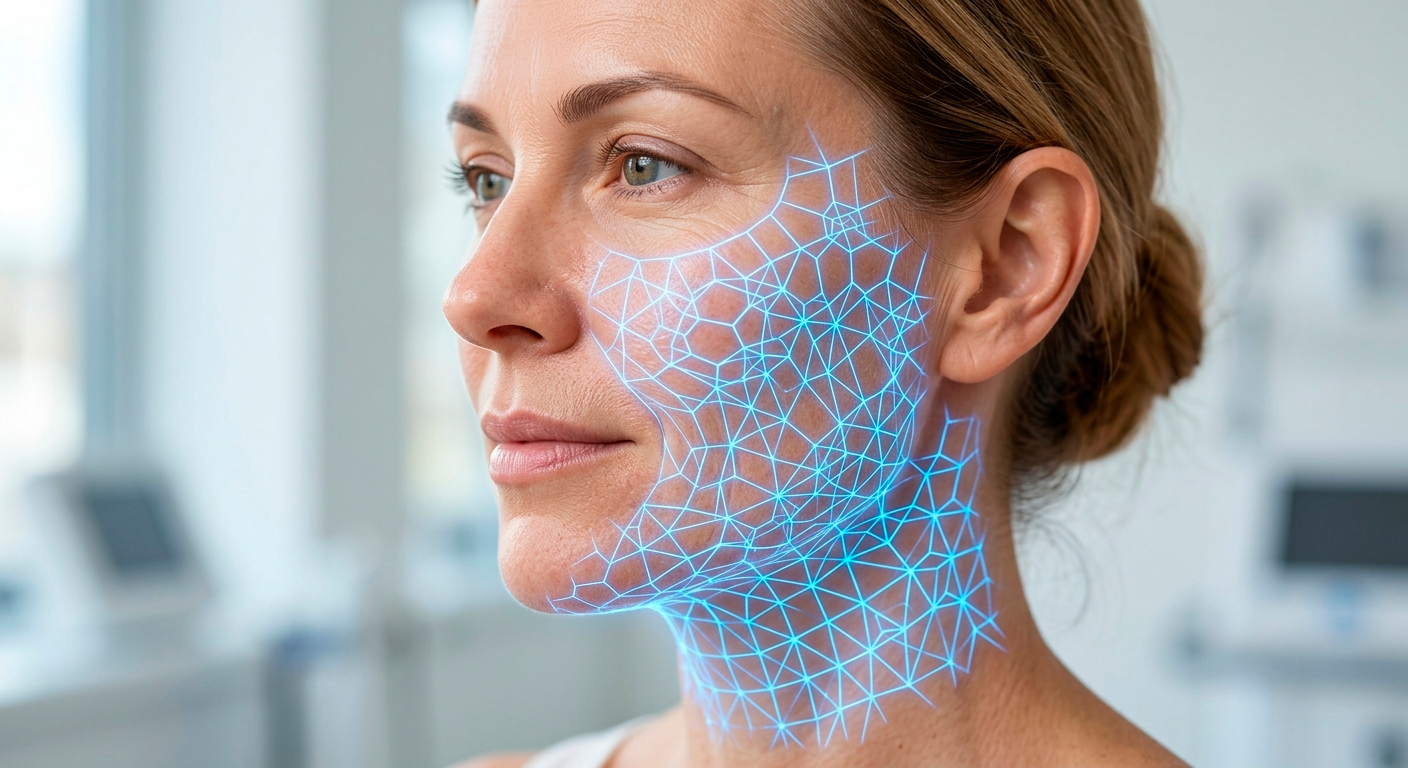 Ilustração 3D de um rosto feminino mostrando uma malha de colágeno azul sob a pele, demonstrando o efeito estrutural do bioestimulador.